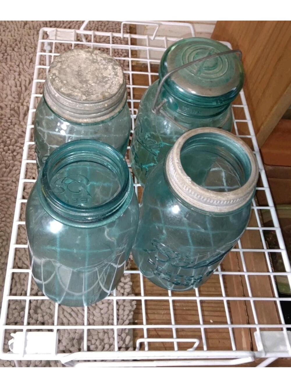 Vintage 4 Aqua Blue Glass Fruit Canning Jars, Commonly Referred To as "Perfect